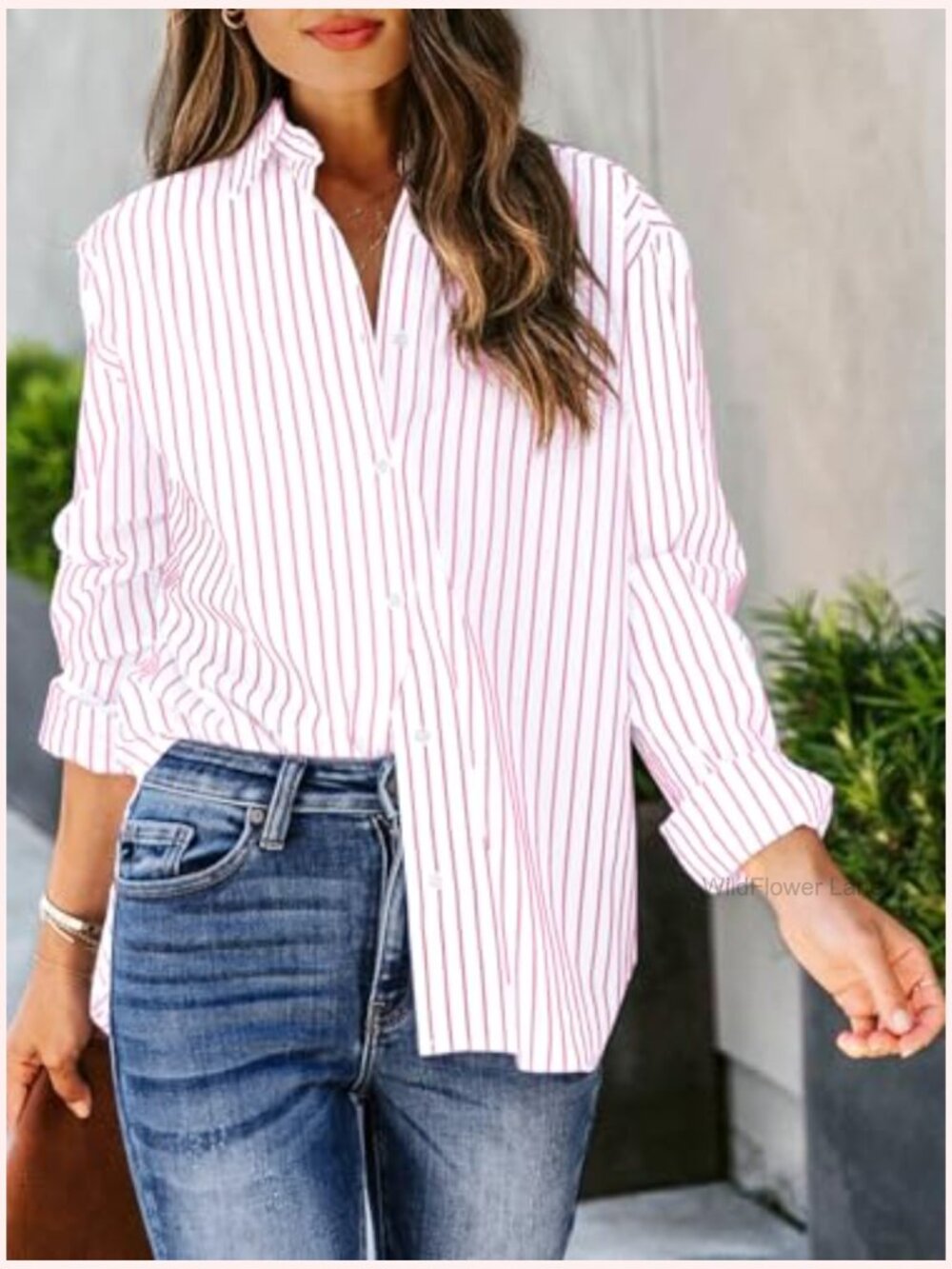 Striped V-Neck Cotton Button Down Long Sleeve Blouse Tunic - Picture 3 of 6